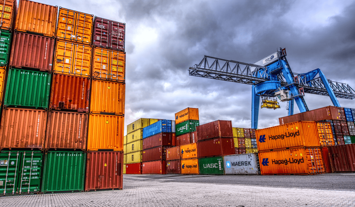 Contenedores marítimos en terminal de carga listos para logística con palets
