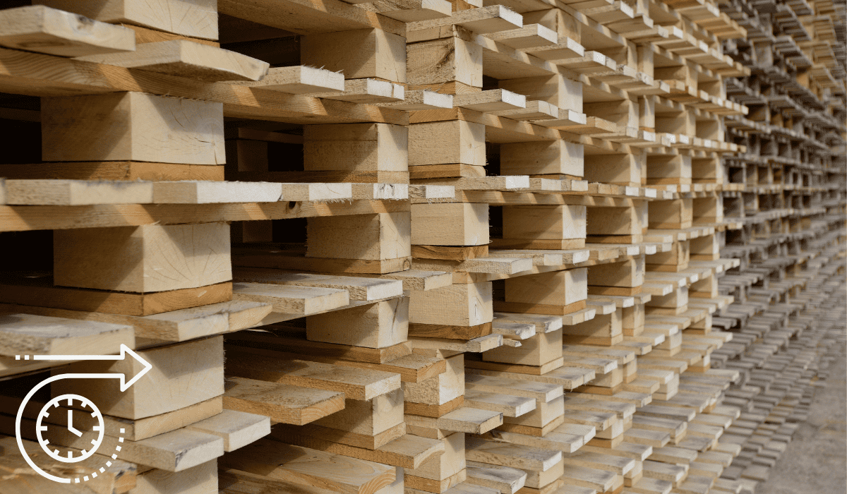 Línea de producción y montaje de palets de madera en fábrica industrial
